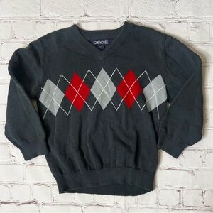 Cherokee Argyle Sweater 3T Toddler Boy Gray Red Preppy V-Neck Holiday Winter